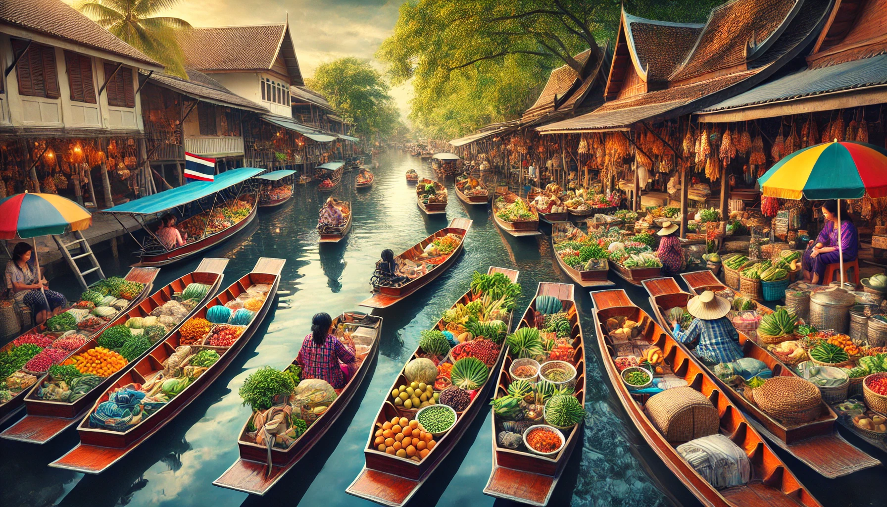 Traditional Bangkok floating market with colorful wooden boats filled with fruits and vegetables