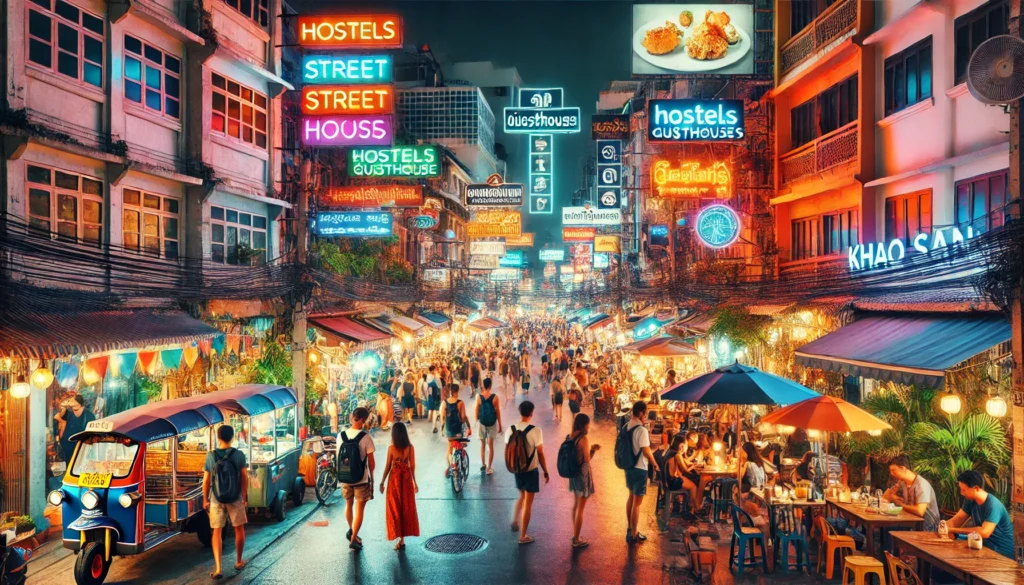 A vibrant street scene on Khao San Road, Bangkok at night, bustling with activity. Street vendors, lively bars, tourists, and locals fill the area. Neon signs from hostels and boutique hotels light up the scene, with people enjoying street food and shopping.